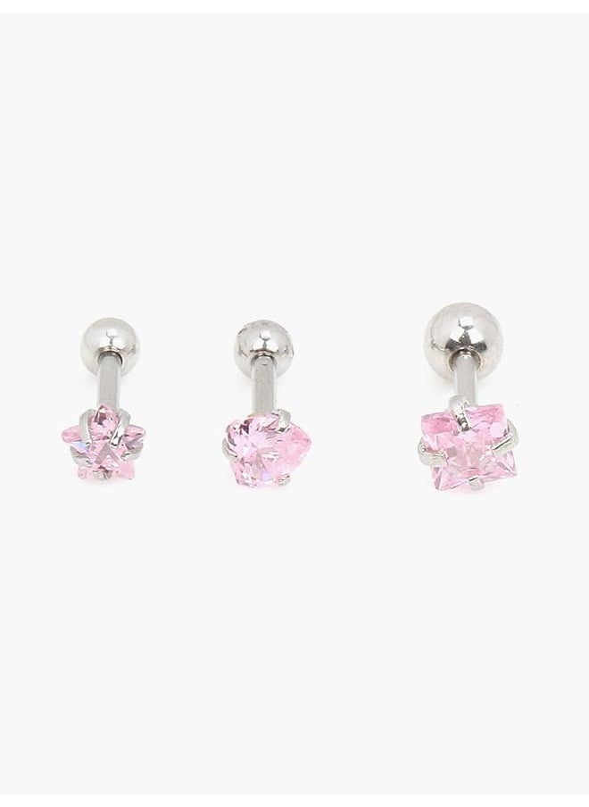 YELLOW CHIMES - Stylish Pink Silver Cubic Zirconia Stainless Steel Crystal Helix Cartilage Single Stud Earrings For Women And Girls Combo Of 3 Pieces - Image 1