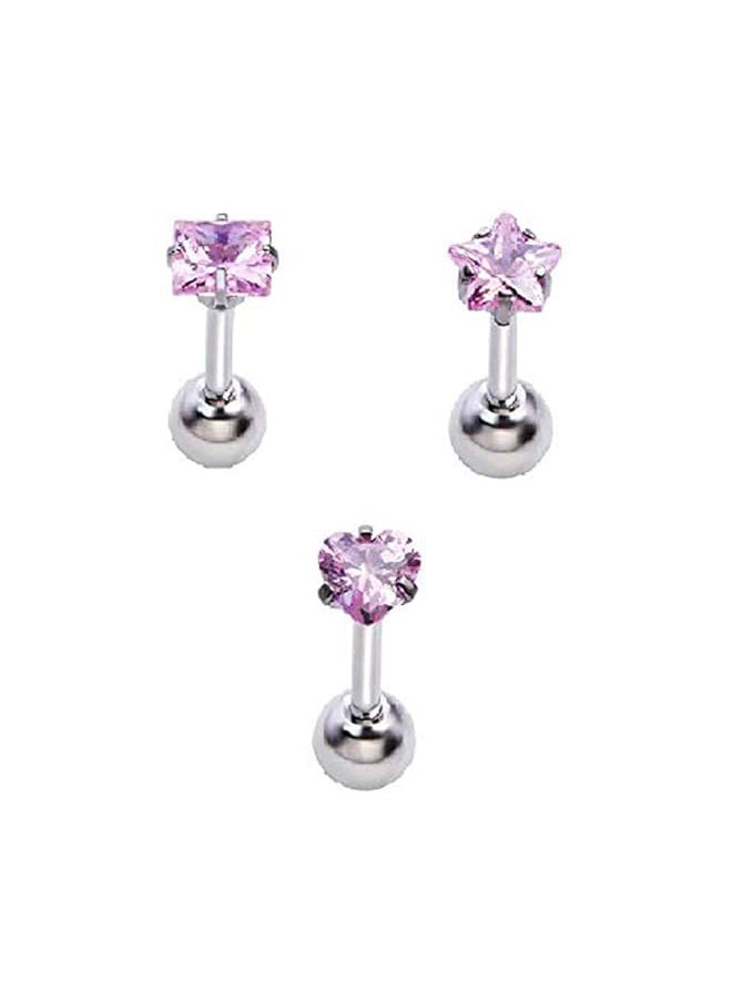 YELLOW CHIMES - Stylish Pink Silver Cubic Zirconia Stainless Steel Crystal Helix Cartilage Single Stud Earrings For Women And Girls Combo Of 3 Pieces - Image 1