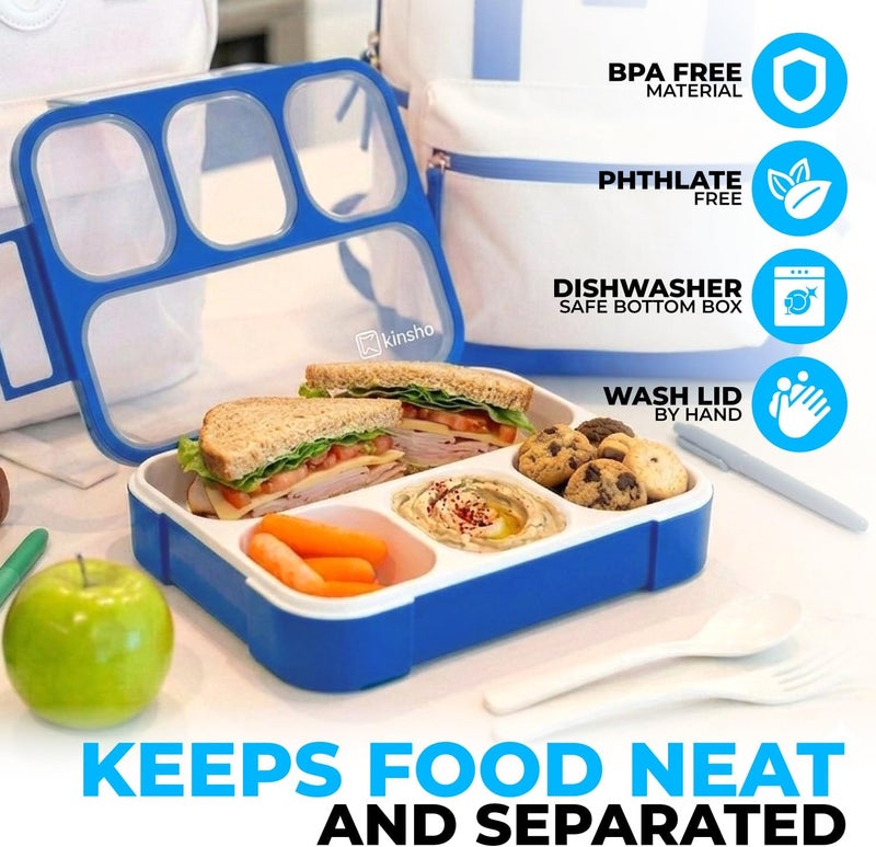 Kinsho Bento Lunch Box for Kids Boys Adults, School Lunch-Box 4 Leakproof Compartments Snackle Snack Container with Utensils, Blue - Image 3
