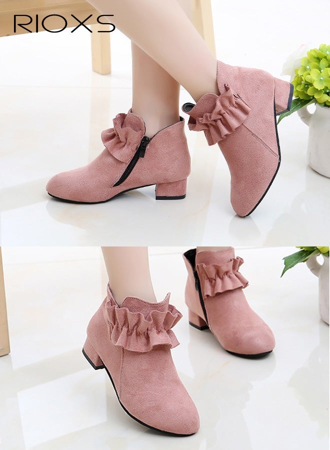 RIOXS Toddler Girl's Ankle Boots, Low Chunky Heel Ruffled Booties with Side Zipper for Kids Girls, Lightweight Anti-slip Sweet Dress Booties, Fall Winter Princess Ankle Boots for Party, Prom, Performance, Birthday, Travel and More, Pink - Image 2