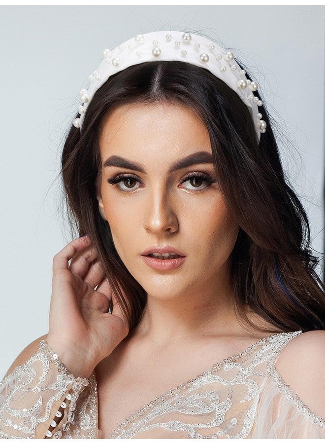 إسكدنيا Pearl Bridal Headbands For Women Bride Headband Wide Wedding Headbands For Bridal Hair Accessories White Fashion Headband For Party Prom Birthday Holiday - Image 3