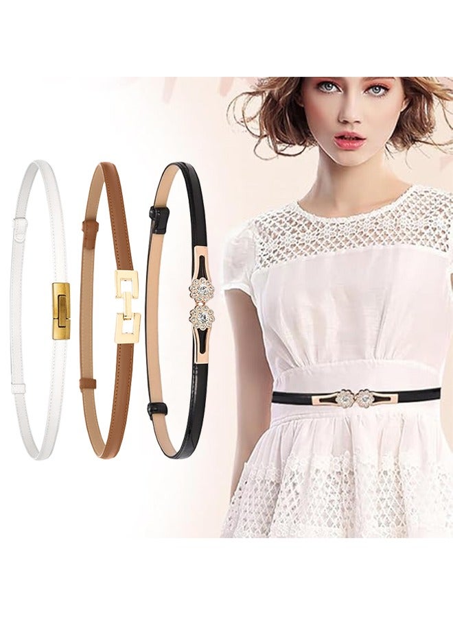 3Pcs 3 Style Skinny Leather Belts for Women, Adjustable Vintage Fashion Thin Waist Belt for Dress, 0.6" x 37.4" - Image 1