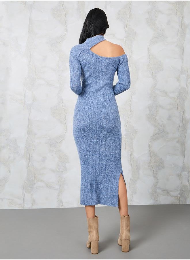 Styli Textured Knit Shoulder Cut-Out Sweater Midi Dress  - Image 4