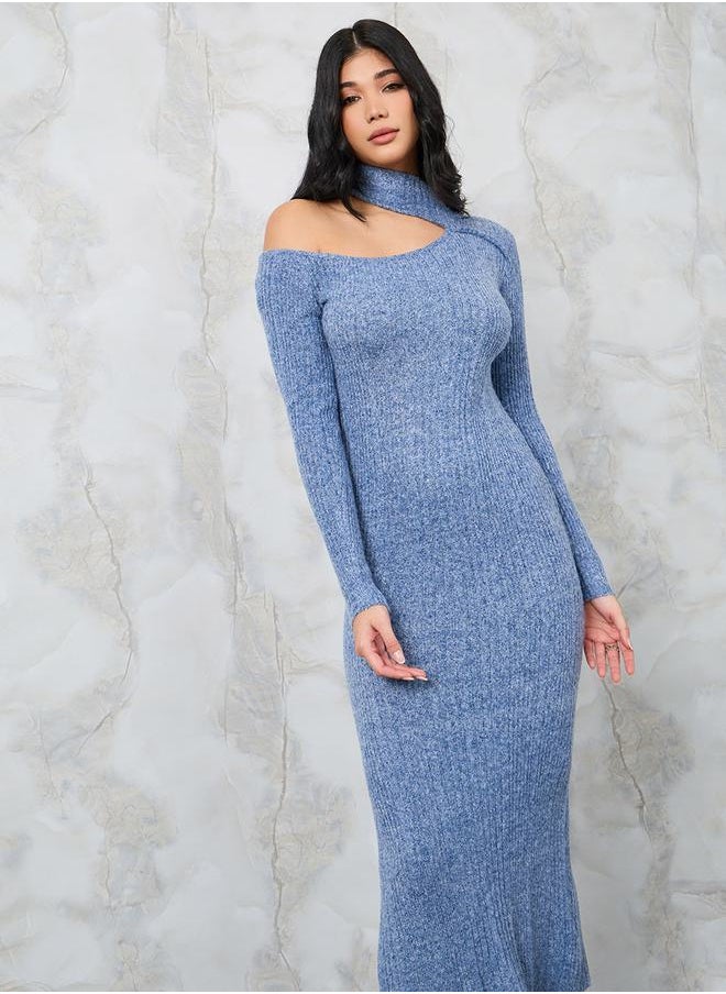 Styli Textured Knit Shoulder Cut-Out Sweater Midi Dress  - Image 2