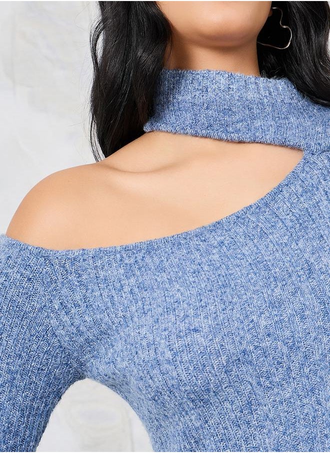 Styli Textured Knit Shoulder Cut-Out Sweater Midi Dress  - Image 3