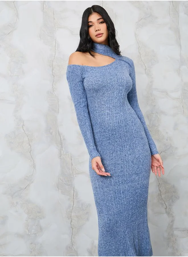 Styli Textured Knit Shoulder Cut-Out Sweater Midi Dress