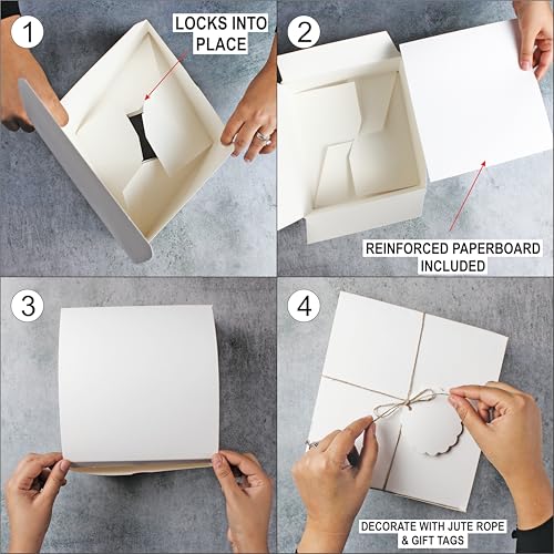 mudrit Gift Boxes 10 Pack 8x8x4 Inches, Thick White Paper Boxes with Lids, Tags & Jute Rope for Gifts, Wedding Favours, Bridesmaid Proposals, Cupcakes, Crafting - Image 3