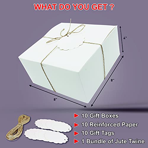 mudrit Gift Boxes 10 Pack 8x8x4 Inches, Thick White Paper Boxes with Lids, Tags & Jute Rope for Gifts, Wedding Favours, Bridesmaid Proposals, Cupcakes, Crafting - Image 4