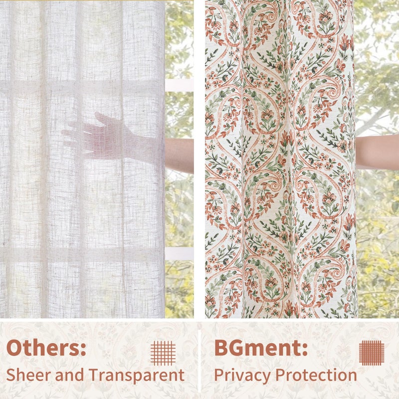 BGment Terracotta Boho Curtains for Living Room - Linen Leaf Paisley Pattern Light Filtering Farmhouse Window Grommet Semi Sheer Drapes, 2 Panels, 52 x 84 Inch - Image 5