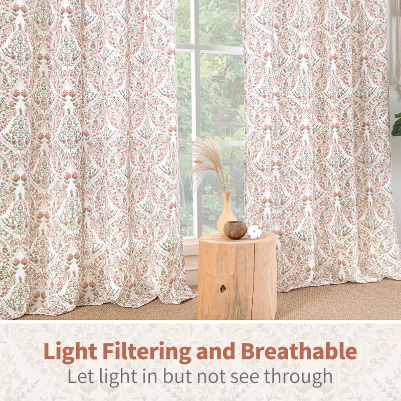 BGment Terracotta Boho Curtains for Living Room - Linen Leaf Paisley Pattern Light Filtering Farmhouse Window Grommet Semi Sheer Drapes, 2 Panels, 52 x 84 Inch - Image 4