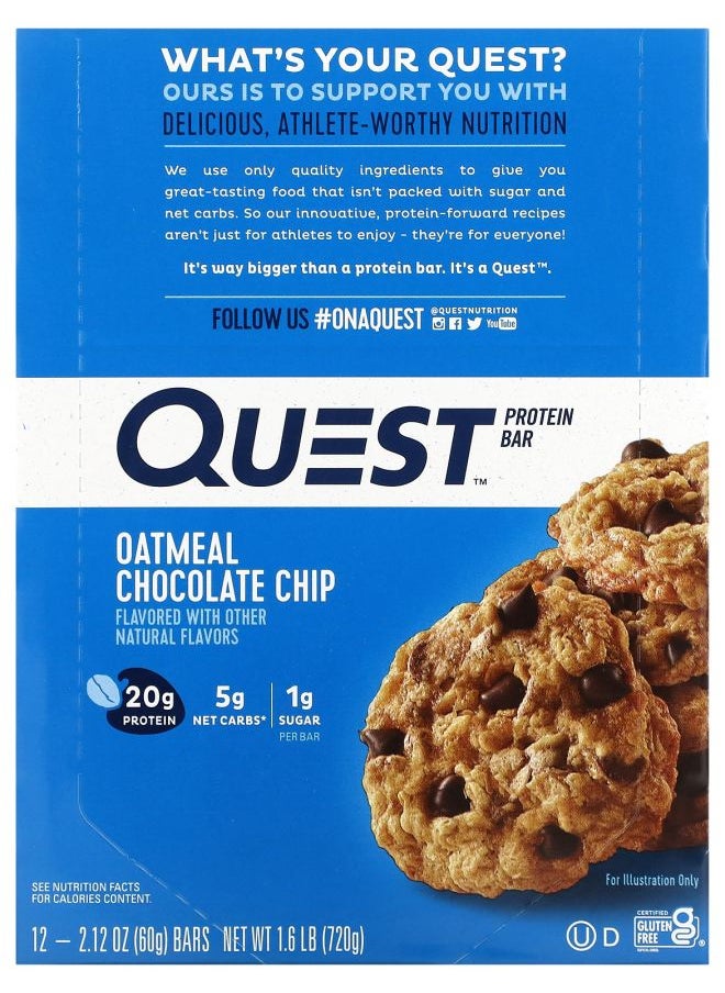 QUEST NUTRITION - Protein Bar Oatmeal Chocolate Chip 12 Bars 2.12 oz (60 g) Each - Image 1