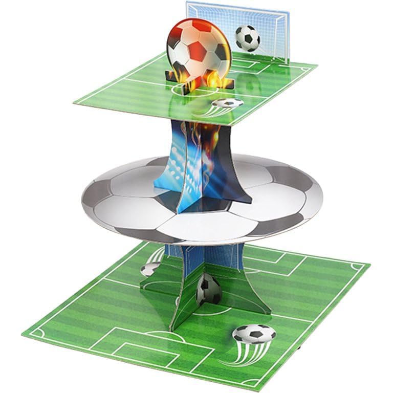 JAGMAG Football Cupcake Stand, 3 Tier Football Party Supplies Cake Stand, Soccer Cupcake Cardboard Table for Kids Birthday Decorations Football Theme Party Decorations Green Set of 1pc - Image 1
