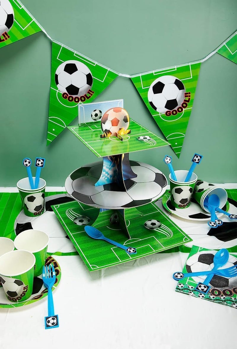 JAGMAG Football Cupcake Stand, 3 Tier Football Party Supplies Cake Stand, Soccer Cupcake Cardboard Table for Kids Birthday Decorations Football Theme Party Decorations Green Set of 1pc - Image 2