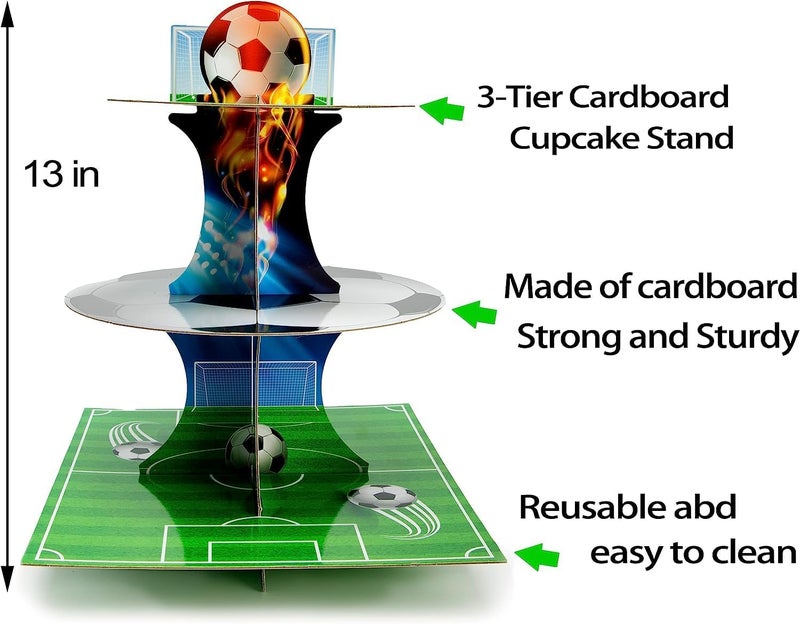 JAGMAG Football Cupcake Stand, 3 Tier Football Party Supplies Cake Stand, Soccer Cupcake Cardboard Table for Kids Birthday Decorations Football Theme Party Decorations Green Set of 1pc - Image 4