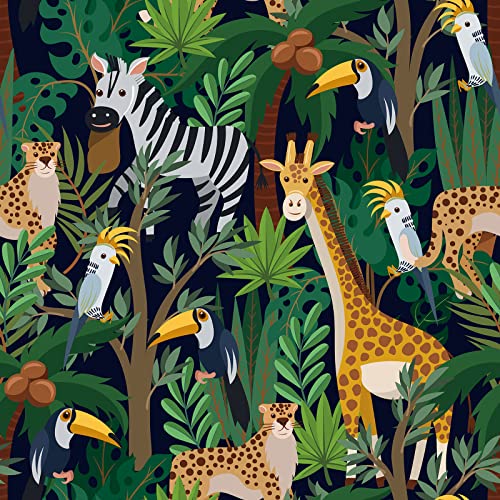 CHIHUT Tropical Jungle Animal Peel and Stick Wallpaper Dark Blue Zebra Giraffe Leopard Birds Cartoon Fun Kids Wallpaper Self Adhesive Vinyl Film 177x100 for Bedroom Playroom Accent Walls - Image 1