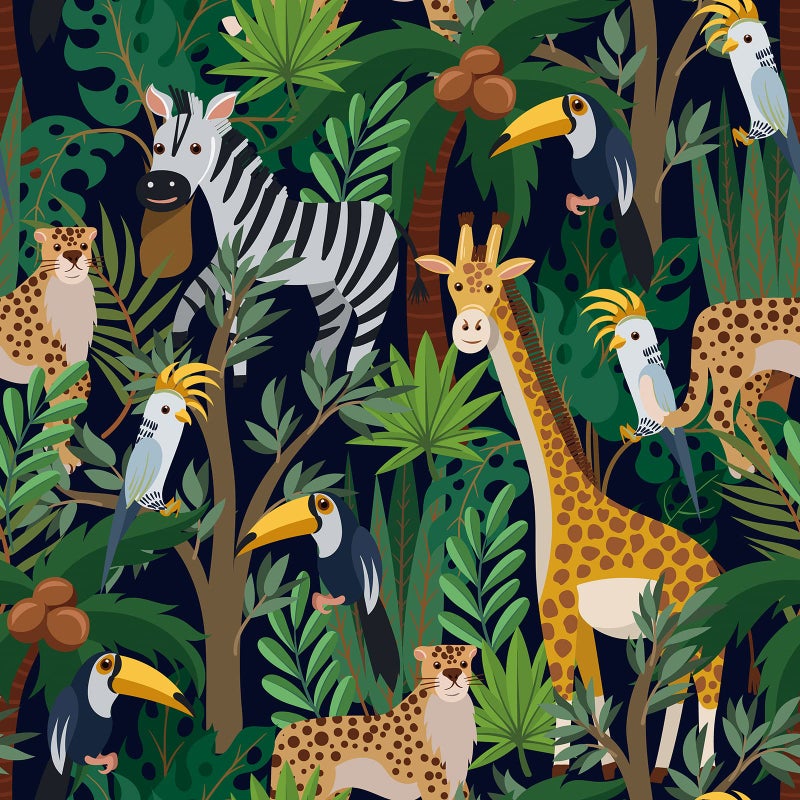 CHIHUT Tropical Jungle Animal Peel and Stick Wallpaper Dark Blue Zebra Giraffe Leopard Birds Cartoon Fun Kids Wallpaper Self Adhesive Vinyl Film 177x100 for Bedroom Playroom Accent Walls - Image 2