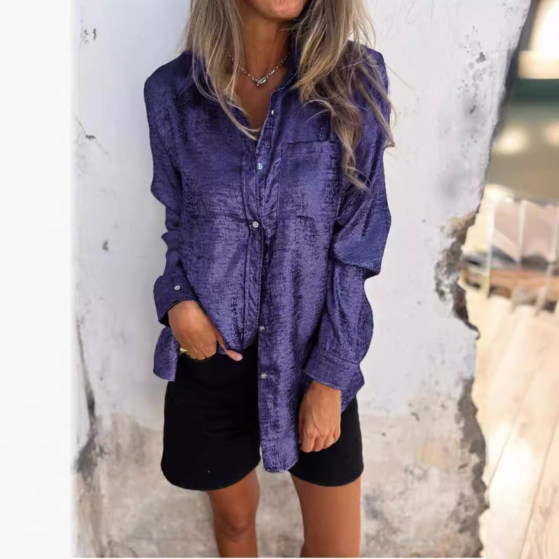 بلوزة نسائية بقبة طية على شكل صوف أنيق كاجوال - Image 3