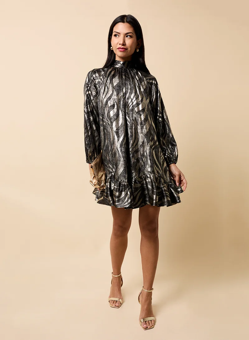 Little Mistress Printed High Neck Puff Sleeve Mini Dress