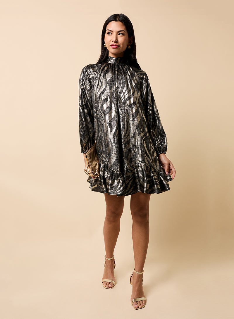 Little Mistress Printed High Neck Puff Sleeve Mini Dress - Image 1