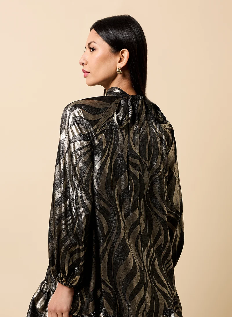 Little Mistress Printed High Neck Puff Sleeve Mini Dress