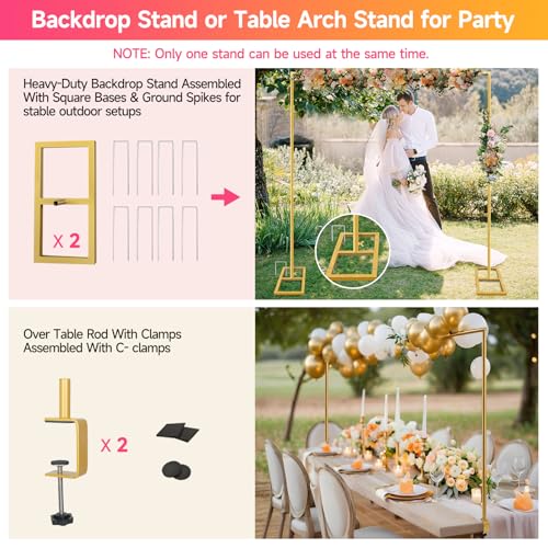 JEBUTU Square Backdrop Stand, Wedding Arch Heavy Duty Adjustable Stand, Over The Table Rod Stand with Clamps, Metal Gold Garden Balloon Frame for Baby Shower Party Decoration - Image 3