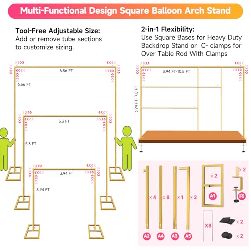 JEBUTU Square Backdrop Stand, Wedding Arch Heavy Duty Adjustable Stand, Over The Table Rod Stand with Clamps, Metal Gold Garden Balloon Frame for Baby Shower Party Decoration - Image 2