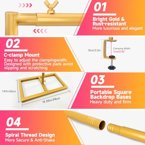 JEBUTU Square Backdrop Stand, Wedding Arch Heavy Duty Adjustable Stand, Over The Table Rod Stand with Clamps, Metal Gold Garden Balloon Frame for Baby Shower Party Decoration - Image 4