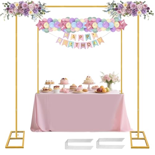 JEBUTU Square Backdrop Stand, Wedding Arch Heavy Duty Adjustable Stand, Over The Table Rod Stand with Clamps, Metal Gold Garden Balloon Frame for Baby Shower Party Decoration - Image 1