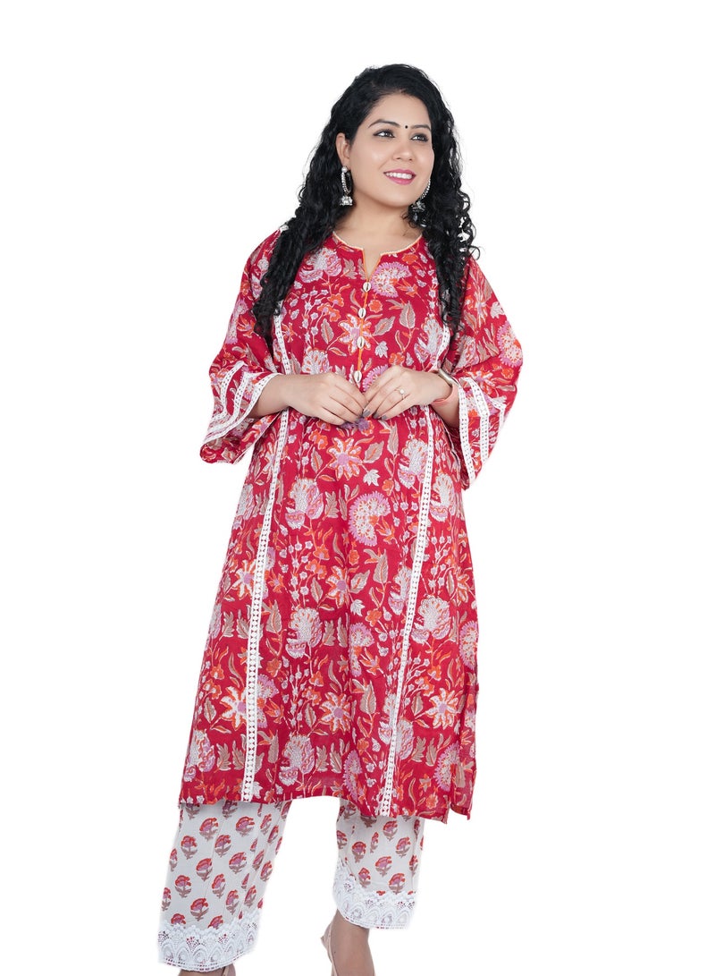 PRIYA’S PANACHE Red Cotton Hand Block Printed Kurta Pant Set for Ladies | Indian Ethnic Wear | Festive & Casual. - Image 1