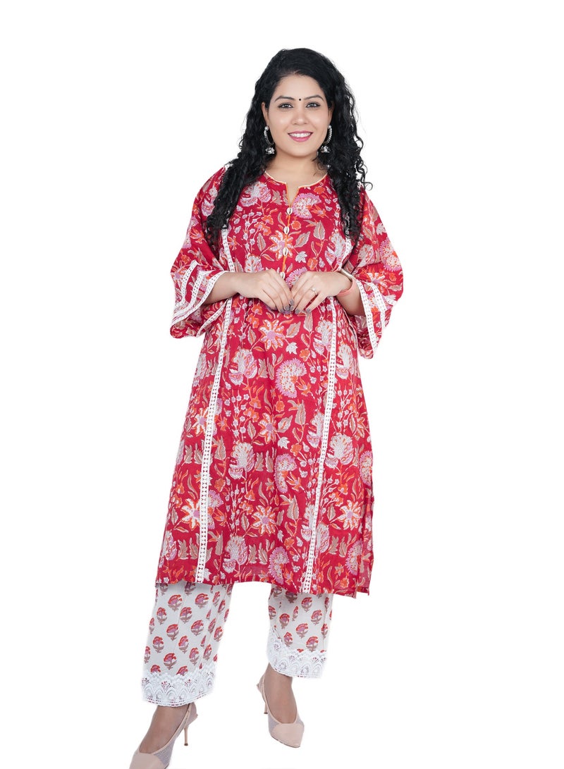 PRIYA’S PANACHE Red Cotton Hand Block Printed Kurta Pant Set for Ladies | Indian Ethnic Wear | Festive & Casual. - Image 2