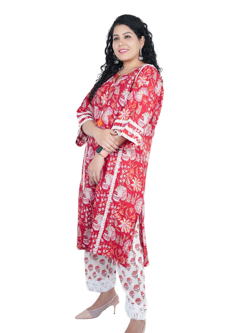 PRIYA’S PANACHE Red Cotton Hand Block Printed Kurta Pant Set for Ladies | Indian Ethnic Wear | Festive & Casual. - Image 4