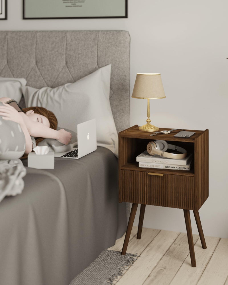 JOONEE Nightstand,Modern Bedside Table with Storage Drawer and Open Wood Shelf, for Living Room, Bedroom and Small Spaces, Accent Night Stand with Solid Wood Legs, Easy Assembly,Walnut Brown - Image 4