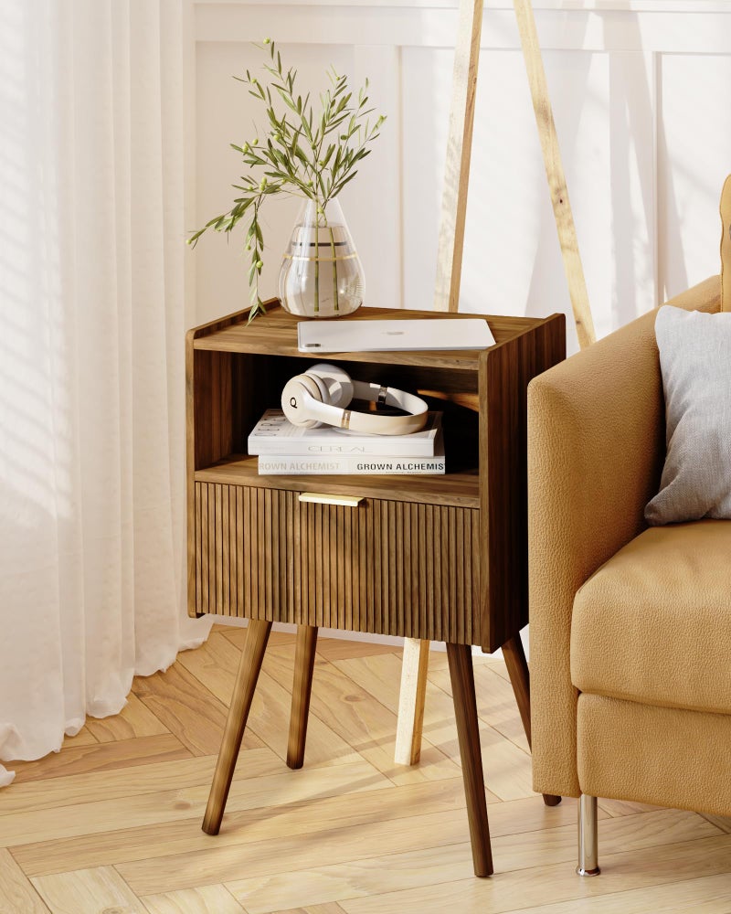 JOONEE Nightstand,Modern Bedside Table with Storage Drawer and Open Wood Shelf, for Living Room, Bedroom and Small Spaces, Accent Night Stand with Solid Wood Legs, Easy Assembly,Walnut Brown - Image 5