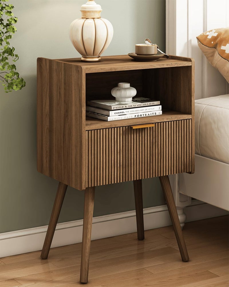 JOONEE Nightstand,Modern Bedside Table with Storage Drawer and Open Wood Shelf, for Living Room, Bedroom and Small Spaces, Accent Night Stand with Solid Wood Legs, Easy Assembly,Walnut Brown - Image 1