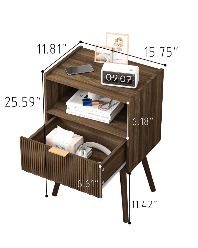 JOONEE Nightstand,Modern Bedside Table with Storage Drawer and Open Wood Shelf, for Living Room, Bedroom and Small Spaces, Accent Night Stand with Solid Wood Legs, Easy Assembly,Walnut Brown - Image 2