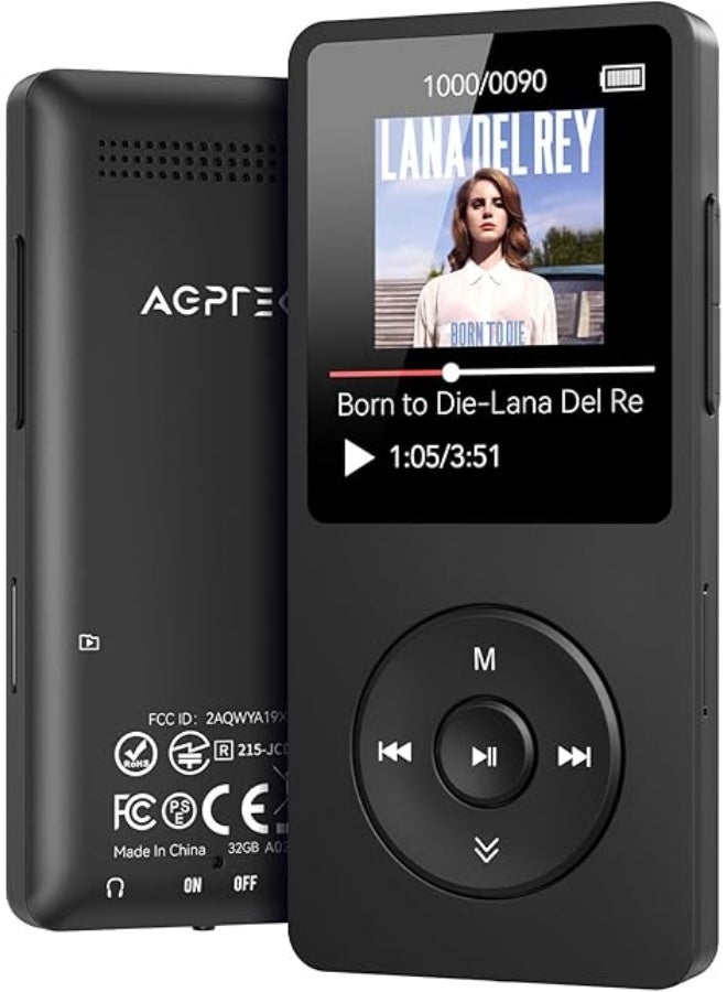 AGPTEK A02X 32GB MP3 Player with Bluetooth 5.3, 1.8 inch Screen Portable Music Player with Speaker, FM Radio, Voice Recorder, Supports Expanded Up to 128GB - Image 1