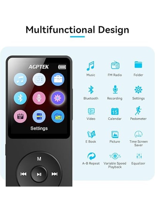 AGPTEK A02X 32GB MP3 Player with Bluetooth 5.3, 1.8 inch Screen Portable Music Player with Speaker, FM Radio, Voice Recorder, Supports Expanded Up to 128GB - Image 4