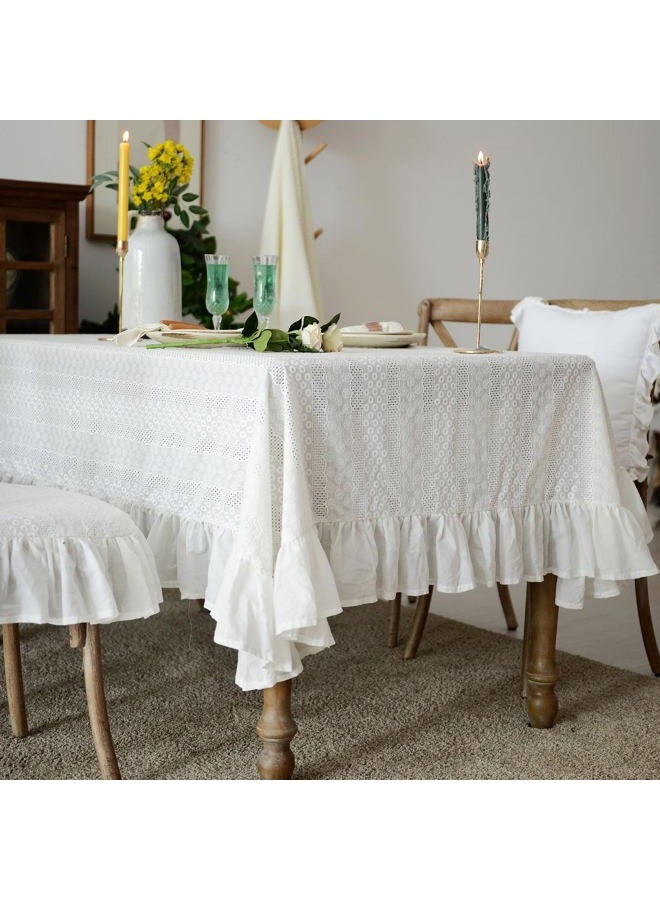Artbloss White Cotton Tablecloth Ruffled Lace Embroidered Fabric Tablecloths RusticFrench Washable Table Cover for Indoor Outdoor Home Holiday Party Christmas (White, 60 x 104 Inches) - Image 1