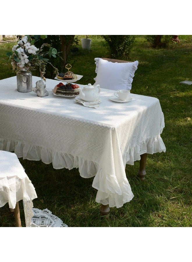Artbloss White Cotton Tablecloth Ruffled Lace Embroidered Fabric Tablecloths RusticFrench Washable Table Cover for Indoor Outdoor Home Holiday Party Christmas (White, 60 x 104 Inches) - Image 2