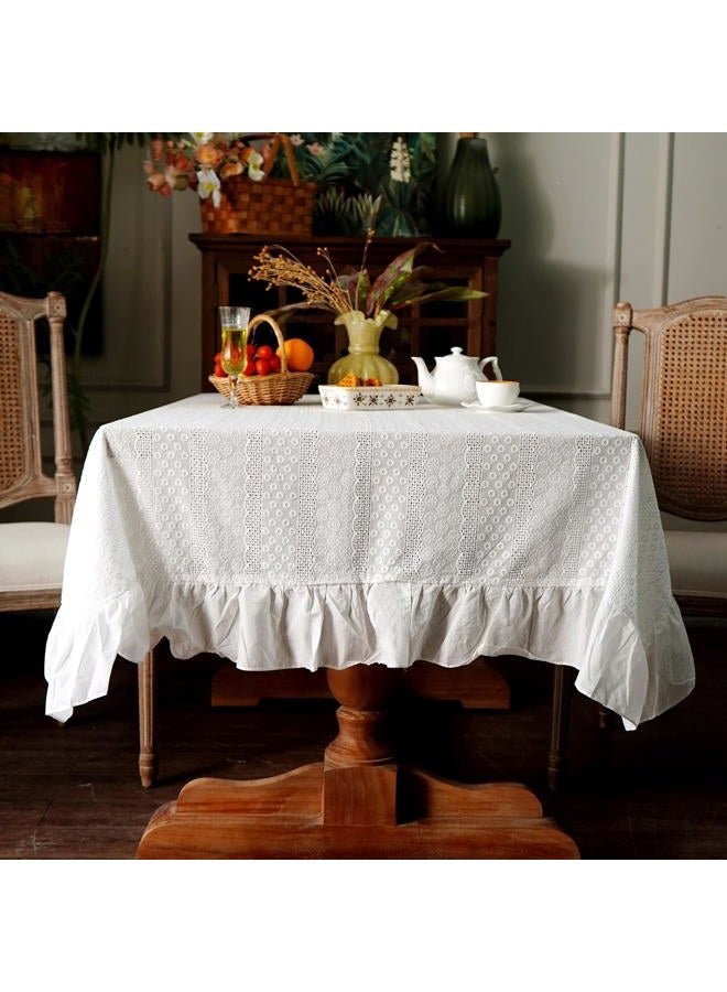 Artbloss White Cotton Tablecloth Ruffled Lace Embroidered Fabric Tablecloths RusticFrench Washable Table Cover for Indoor Outdoor Home Holiday Party Christmas (White, 60 x 104 Inches) - Image 3