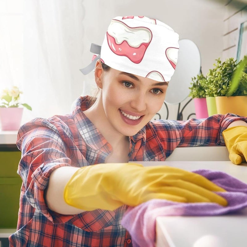 2 Packs Cute Teeth Scrub Cap Women Working Cap Adjustable Sweatband Bouffant Hat - Image 5