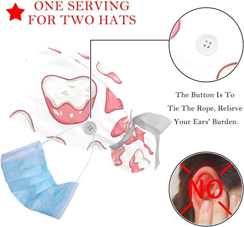 2 Packs Cute Teeth Scrub Cap Women Working Cap Adjustable Sweatband Bouffant Hat - Image 3