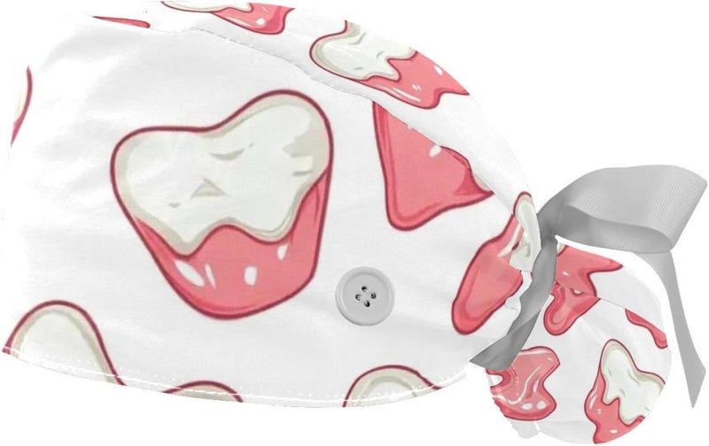 2 Packs Cute Teeth Scrub Cap Women Working Cap Adjustable Sweatband Bouffant Hat - Image 1