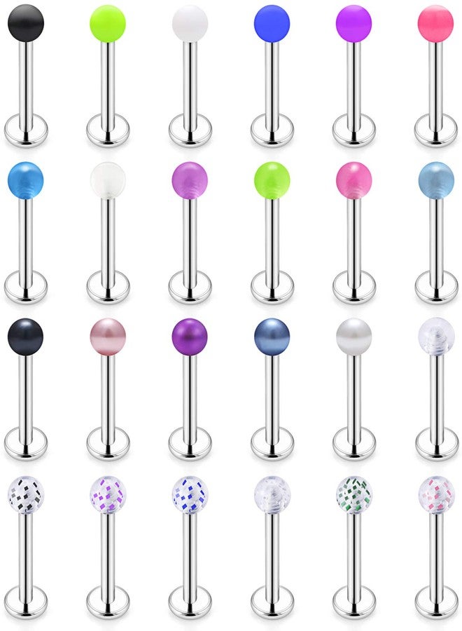 Hoeudjo 24PCS 14G Surgical Steel Lip Rings Labret Studs Piercing Jewelry for Women Men Tragus Cartilage Conch Auricle Helix Earring Stud Medusa Piercing 8mm Bar Length Glow in The Dark - Image 1