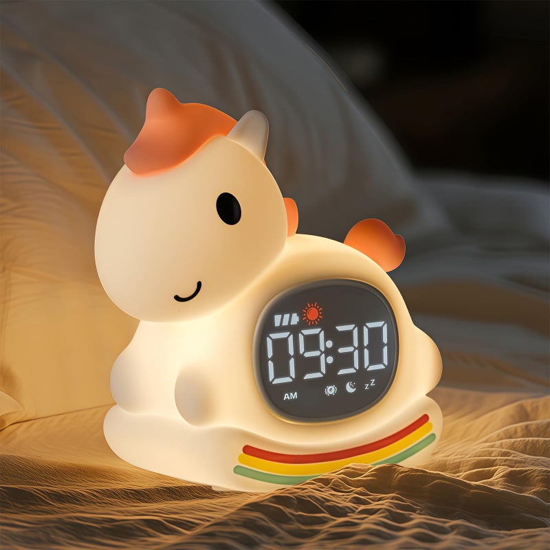 Yiliaw Cute Alarm Clock for Kids with Night Light Sleep Training Clock Time to Wake Clock Rechargeable Silicone Light for Bedroom Perfect Sleep Companion for Boys Girls Pink Pony - Image 2