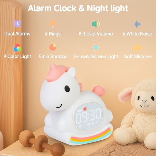 Yiliaw Cute Alarm Clock for Kids with Night Light Sleep Training Clock Time to Wake Clock Rechargeable Silicone Light for Bedroom Perfect Sleep Companion for Boys Girls Pink Pony - Image 3
