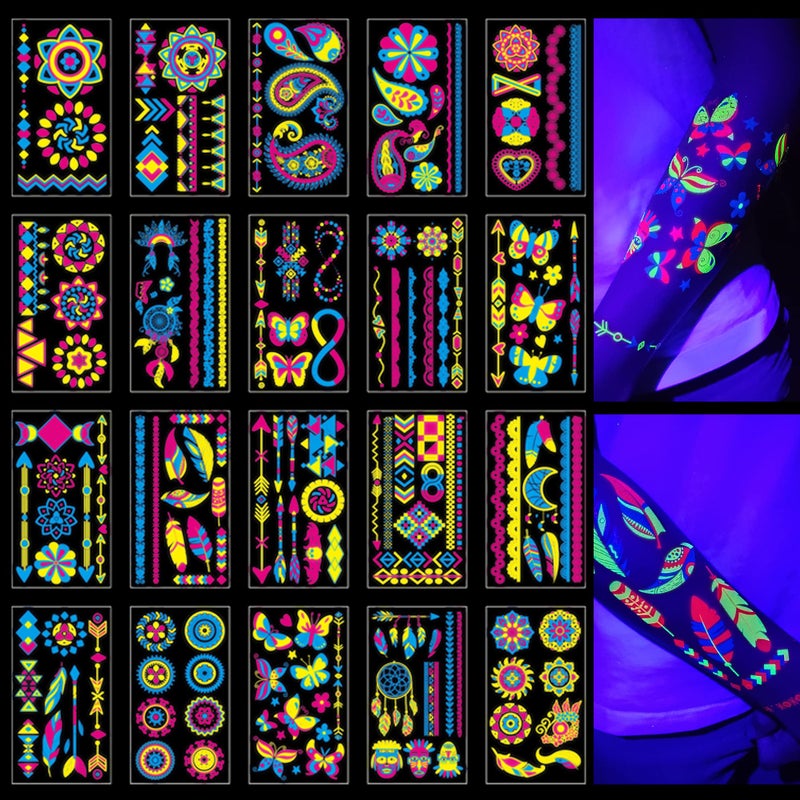 TATUWST Glow in the Dark Tattoos 172 PCS â€“ Glow in the Dark Party Supplies, Neon Body Paint Be UV Blacklight Reactive Face Temporary Tattoos for Adults, Teens | Neon Accessories, Party Favors & Decorations - Image 1