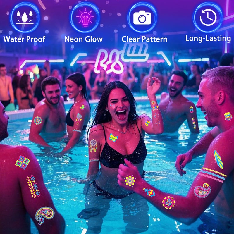 TATUWST Glow in the Dark Tattoos 172 PCS â€“ Glow in the Dark Party Supplies, Neon Body Paint Be UV Blacklight Reactive Face Temporary Tattoos for Adults, Teens | Neon Accessories, Party Favors & Decorations - Image 4