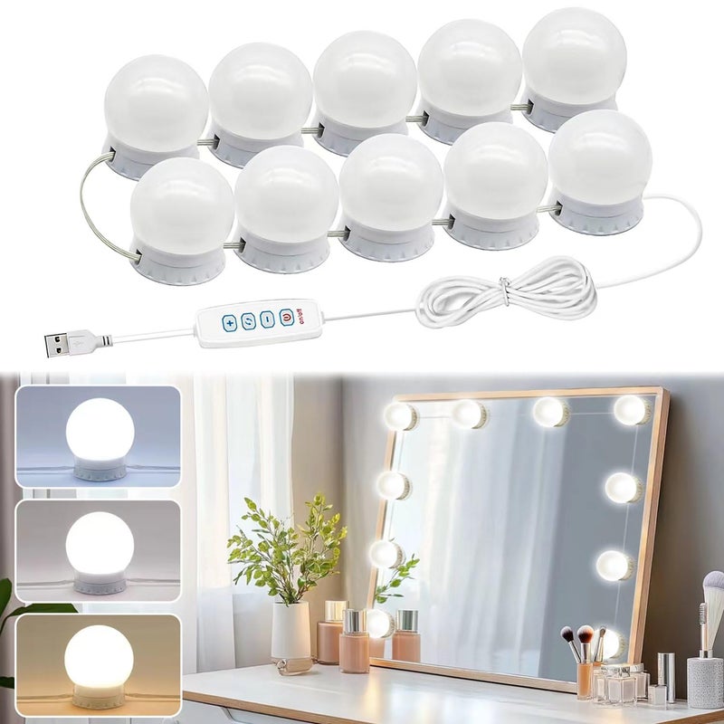 Pretmess Vanity Mirror Lights KitPretmess 3 Dimmable Color with 10 LED Light Bulbs for Vanity Table Set and Bathroom MirrorHollywood Style Lighting Fixture Strip with USB Charging CableMirror Not Include  - Image 1