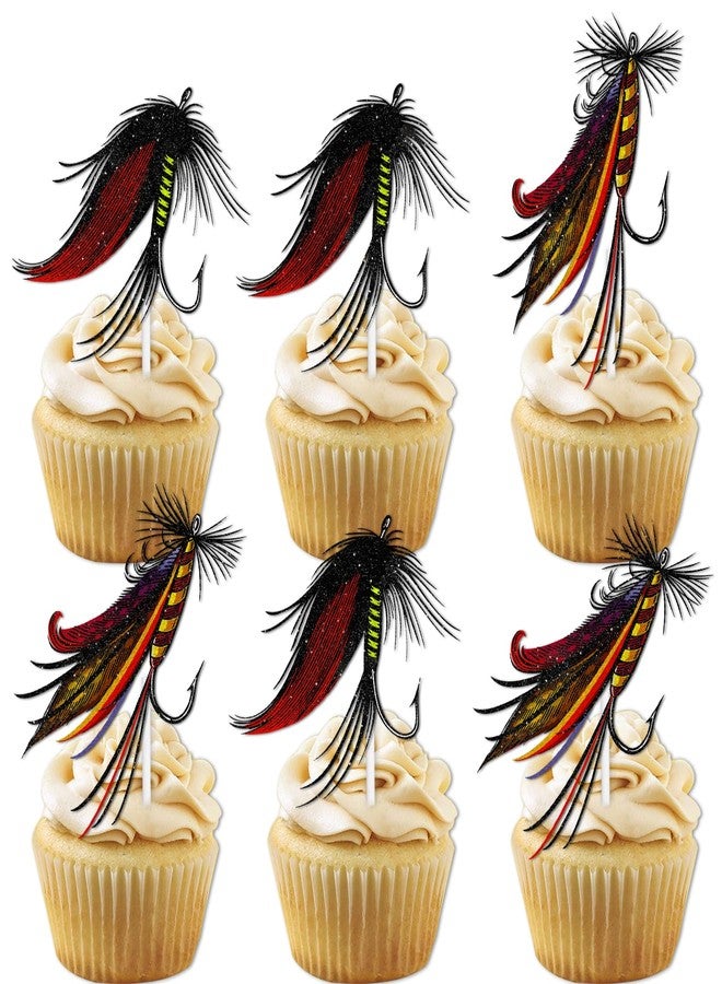 LETLIMIT 18pcs Red Glitter Fish Fishing Buoy Fishhook Dessert Cupcake Topper Let’s Go Fishing Retirement Theme Decorations Men Women Happy Birthday Party Decor Supplies - Image 1